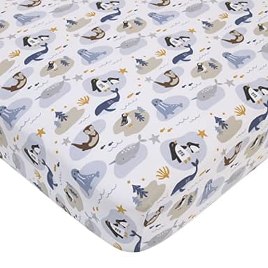NoJo Arctic Adventure Light Blue, White, Taupe and Navy Whales, Walrus, and Otter 4 Piece Nursery Crib Bedding Set - Comforter, 100% Cotton Fitted Crib Sheet, Crib Skirt, and Storage Caddy - Image 3