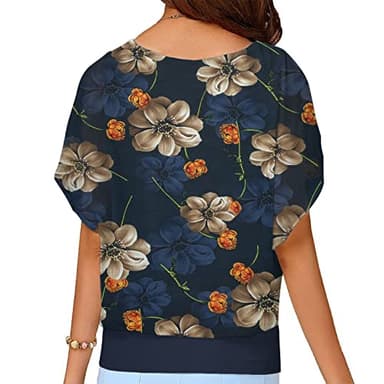 VIISHOW Women Floral Printed Chiffon Blouse Round Neck Short Sleeve Top Shirts, Navy Blue Peony, 3X-Large - Image 2