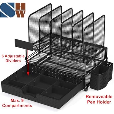 SIMPLE HOUSEWARE Mesh Desk Organizer with Sliding Drawer, Double Tray and 5 Upright Sections, Black - Image 3