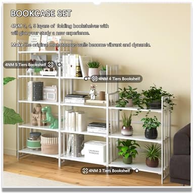 4NM No Assembly 5 Tiers Folding Bookshelf, 59.4" H Foldable Storage Shelves Vintage Bookcase Standing Racks Study Organizer Home Office - All White - Image 8