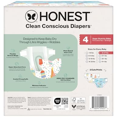 The Honest Company Clean Conscious Diapers for Delicate Skin | Up to 100% Leakproof | Hypoallergenic, Fragrance Free | Summer '25 Limited Edition Prints | Club Box, Size 4 (22-37 lbs), 54 Count - Image 8