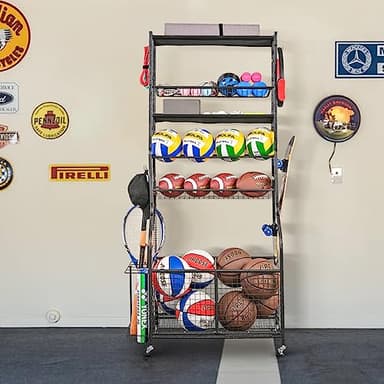 Mythinglogic Garage Sports Equipment Organizer, Ball Storage Extra Large Capacity Six Tier Sports Organizer for Garage, Basketball Rack with Hooks and Baskets for Football, Soccer Ball, Bat, Toys - Image 7