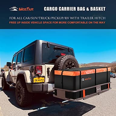 MeeFar Folding Hitch Mount Cargo Carrier Basket 60" X 20" X 6"+Waterproof Cargo Bag 16 Cubic Feet(58" 19" 24"),Hauling Weight Capacity of 500 Lbs and A Folding Arm.with Hitch Stabilizer,Net and Straps - Image 2