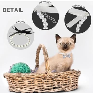 2 Pieces Cute Small Dog Cat Pearl Collars Necklace Set with Crystal Rhinestone for Puppy Kitten Wedding Birthday Party Black Bow Tie L - Image 4