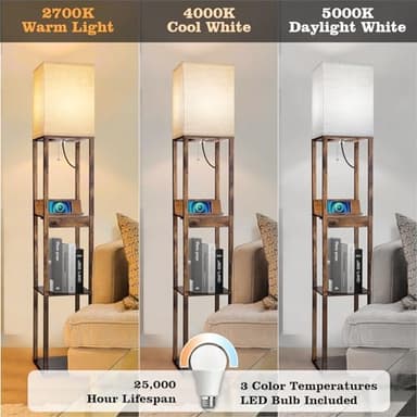 RUNTOP Floor Lamp with Shelves, Shelf Floor Lamp with Wireless Charger & 2 Charging USB Ports & Drawer, AC Outlet, 3 Color Temperature Tall Standing Lamp with Bulb for Living Room, Bedroom, Office - Image 4