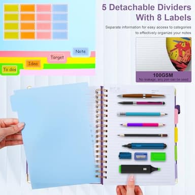 Hardcover Spiral Notebook 8"x10" Journal Notebook with Tabs and Removable Dividers 300 Pages 5 Subject Notebook College Ruled, Faux Leather Spiral Bound Notebook for Women School Work (Purple) - Image 5