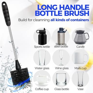 Holikme Bottle Brush Cleaner Set, 14" Long Handle Stainless Steel Bottle Cleaner Brush, 3 Straw Cleaner Brush, Bottle Cleaning Brush for Water Bottle, Cups, Abrasive Wheel Brushes, Straws Black - Image 2