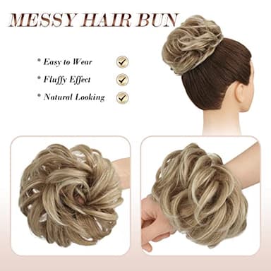 FESHFEN Messy Bun Hair Pieces - Large Wavy Curly Elastic Hair Bun Scrunchies Ponytail Extensions Synthetic Chignon Hairpieces for Women, Mixed Blonde and Ash Blonde Tips 1.94oz - Image 3