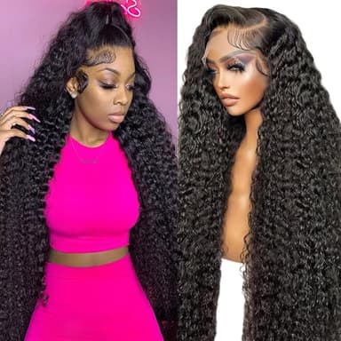 JTMMP 13x6 Deep Wave Lace Front Wigs Human Hair 200% Density 26 Inch Curly Human Hair Wig for Women Natural Black HD Transparent Lace Glueless Frontal Wigs Human Hair Pre Plucked - Image 1