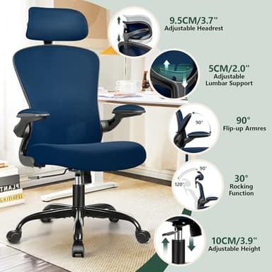 FelixKing Ergonomic Office Desk Chair with Headrest, Wheels, Adjustable Lumbar Support and Height, Swivel Comfy Task Chair with Flip-up Armrests, Ergo Mesh Backrest for Working (Navy) - Image 3