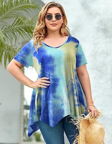 LARACE Tie Dye Shirt Women Casual Tops Plus Size V Neck Blouses Short Sleeve Summer Clothes Flowy Asymmetrical Tee(T04-Blue 1X) - Image 4