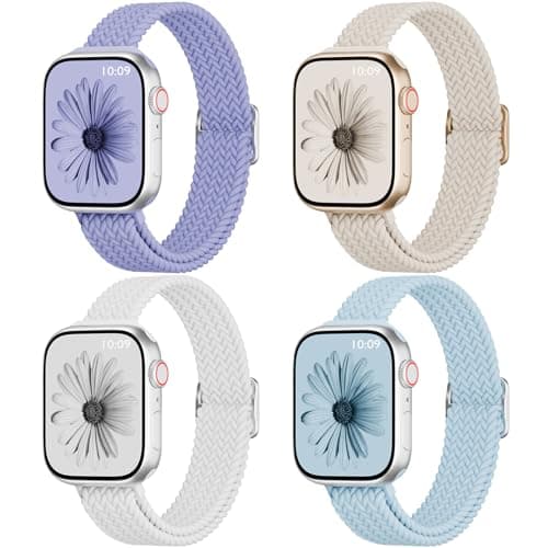 4 Pack Slim Braided Stretchy Compatible with Apple Watch Band 38mm 42mm 40mm 44mm 41mm 45mm 46mm 49mm Women Men, Solo Loop Nylon Thin Strap for iWatch Series 11 10 9 8 7 SE 6 5 4 3 Ultra - Image 1