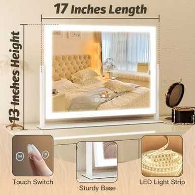 FENNIO Vanity Mirror with Lights 13'' x 17'' Makeup Mirror with Lights,Vanity Mirror Touch Screen with 3-Color Lighting,Dimmable,for Vanity Desk Bedroom White - Image 7