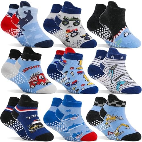 Welwoos Baby Boys Toddlers Grips Socks Kids Non Slip Anti Skid Ankle Fun Gifts Cotton No Show Socks with Grippers 9 Pairs (Trucks, 1-3T) - Image 1
