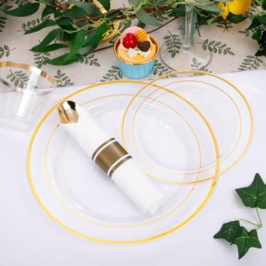 DaYammi 350PCS Clear Gold Plastic Dinnerware Set for 50 Guests, Fancy Disposable Plates for Party, Include: 50 Dinner Plates, 50 Dessert Plates, 50 Pre Rolled Napkins with Gold Silverware, 50 Cups - Image 8