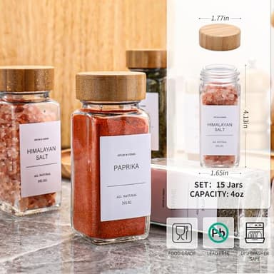 DIMBRAH Spice Jars with Label-4oz 36Pcs, Glass Spice Jars with Bamboo Lids, Container Set with White Printed Labels,Kitchen Empty Jars with Shaker Lids - Image 2