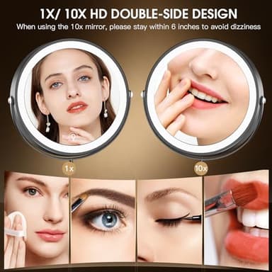 MNIENT Wall Mounted Lighted Makeup Mirror, 8" Rechargeable Double-Sided Light up Magnifying Mirror 1x/10x,3 Color Led Vanity Mirror with Lights,Touch Dimmable 360° Rotation Foldable-Black - Image 4