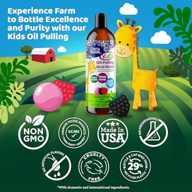 GuruNanda Kids Oil Pulling, Alcohol-Free Mouthwash, Essential Oils & Vitamins for Fresh Breath & Happy Gums for Ages 6 & up, Natural Bubble Berry, 8 Oz - Image 7