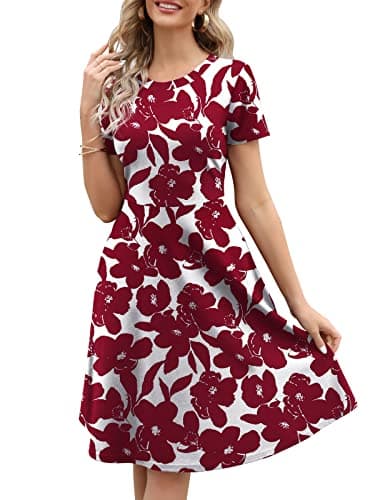 HELYO Summer Work Dresses for Women Professional Elegant 50s Office Casual Party Floral Print A-Line Dress with Pockets 162 Burgundy White XXL - Image 1