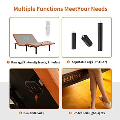 ESHINE King Adjustable Bed Frame-Luxury Gel Memory Foam(783 Pocket Springs), Bed Base Frames with Massage, Wireless Remote, USB, Under Bed Night Light, Head and Foot Incline, Medium Soft, 3000 Series - Image 4