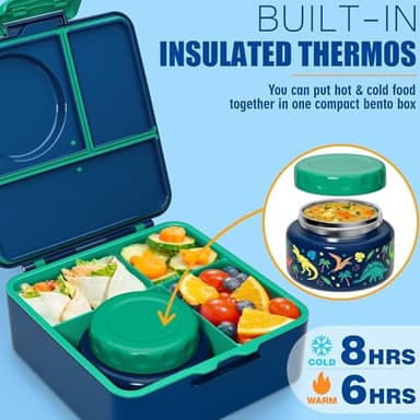 Fimibuke Bento Box for Kids Adult with Thermos, 3-4 Compartment 60OZ Toddler Lunch Box Container with Leakproof 8OZ Insulated Food Jar, Sauce Jar, Utensil for School Boy Girl, BPA-Free Dishwasher Safe - Image 2