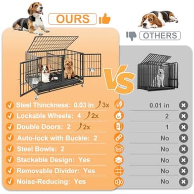 Homey Pet 43 Inch Dog Crate, Heavy Duty Stackable Dog Crate Cage Kennel for Medium Dogs with Divider, Bowls, 3 Door, Removable Grid & Tray, 4 Lockable Wheels, Breeding & Grooming Drop Cages for Dogs - Image 3