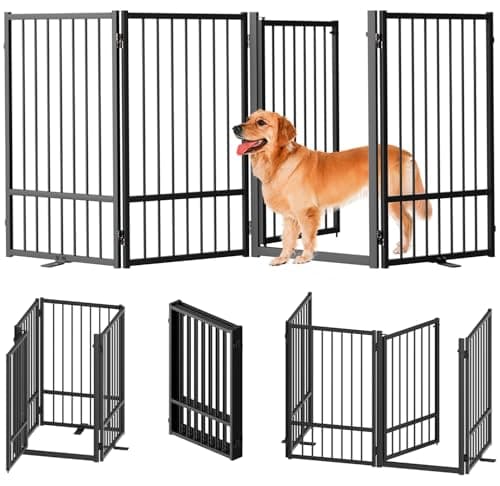 SNUOWU Full Metal Freestanding Dog Gate with Door, 32''Height Foldable Pet Dog Fence for Indoor & Outdoor, 4 Panels Extra Wide Free Standing TallDog Gates for Doorways,House,Stairs,Porch,Deck,Yard - Image 1