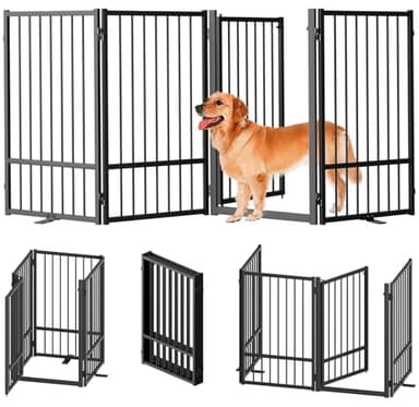 SNUOWU Full Metal Freestanding Dog Gate with Door, 32''Height Foldable Pet Dog Fence for Indoor & Outdoor, 4 Panels Extra Wide Free Standing TallDog Gates for Doorways,House,Stairs,Porch,Deck,Yard - Image 1