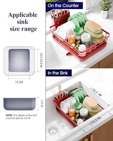Kitsure Dish Drying Rack for Kitchen Counter, Stainless Steel Sink Organization and Storage Essentials with Cutlery Holder, Home and Appartment Decor, 12''W x 15.5''L, Red - Image 3