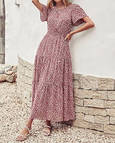 PRETTYGARDEN Women's Summer Casual Short Flutter Sleeve Round Neck Smocked Waist Tiered Boho Floral Flowy Maxi Dress(Floral Red Brown,X-Large) - Image 7
