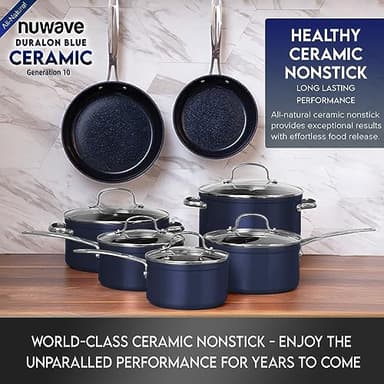 Nuwave Healthy Duralon Blue Ceramic Nonstick Cookware Set, Diamond Infused Scratch-Resistant, PFAS Free, Dishwasher & Oven Safe, Induction Ready & Evenly Heats, Tempered Glass Lids & Stay-Cool Handles - Image 8