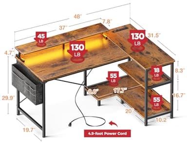 ODK 48 Inch Gaming Desk with USB Charging Ports and LED Lights, Reversible L Shaped Computer Desk with Storage Shelves & Monitor Stand, Corner Home Office Desk Table with Power Outlets, Vintage - Image 3