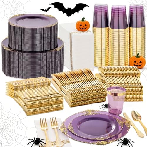 Nervure 350PCS Purple Plastic Plates - Purple Plastic Dinnerware Sets for 50 Guests - 100 Disposable Plates, 150 Gold Silverware, 50 Cups, 50 Napkins for Wedding & Party - Image 1