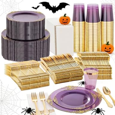 Nervure 350PCS Purple Plastic Plates - Purple Plastic Dinnerware Sets for 50 Guests - 100 Disposable Plates, 150 Gold Silverware, 50 Cups, 50 Napkins for Wedding & Party - Image 1