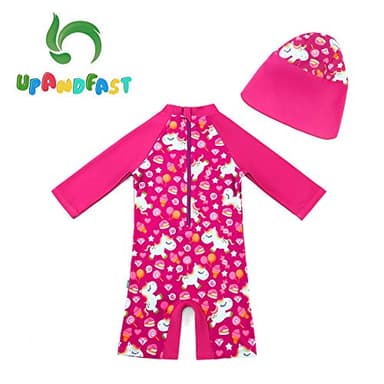 upandfast Baby/Toddler Girl One Piece Zip Sunsuits with Sun Hat UPF 50+ Sun Protection Infant Beach Swimsuit (Rose(LS), 24-36 Months) - Image 2