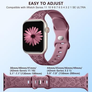 SNBLK 6 Pack Floral Engraved Apple Watch Bands, Compatible with 38mm-49mm Models, Soft Silicone Material, Vivid Flower Patterns, Comfortable Fit, Water Resistant - Image 9