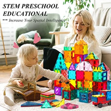 Aquadawn 110 Pieces Magnetic Building Tiles Set with 2 Cars, Magnetic Building Blocks for Toddlers 1-3, Educational Toys Tiles for Kids Ages 4-8, 3D Toys Gifts for Girls Boys - Image 4