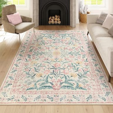 Wonnitar Washable Area Rug 6x9, Pink Floral Rugs for Bedroom Girls Soft Living Room Carpet Ultra-Thin, Boho Non Slip Non-Shedding Pastel Nursery Carpet for Kids Room Playroom Dorm - Image 7