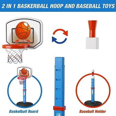 HYES 2 in 1 Kids Basketball Hoop and T Ball Set - Adjustable Height, Kids Baseball Tee with Automatic Pitching Machine, Indoor Outdoor Sport Toys Gifts for Toddler Boys Girls Age 1-5, Blue - Image 7