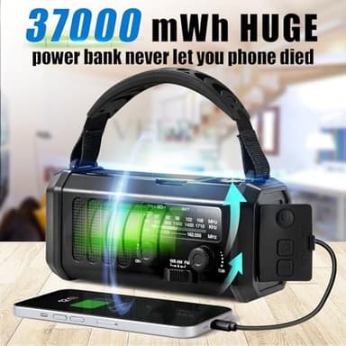 10000mAh Emergency NOAA/AM/FM Weather Radio, Type-C Charge, Solar Charging, SOS, 3 Modes LED Torch, Reading Lamp, Compass for Outdoor Survival (Black) - Image 2