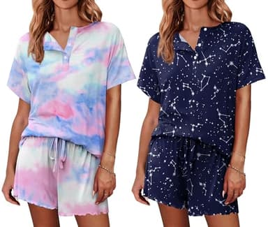 Ekouaer 2 Pack Womens Pajama Sets Short Sleeve Top with Shorts Soft Comfy Loungewear Sleepwear S - Image 1