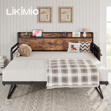 LIKIMIO Twin Daybed with Trundle Bed, Storage Headboard with Charging Station, Sofa Day Bed with Strong Supports for Living Room, Bedroom, and Guest Room, Industrial Brown - Image 8