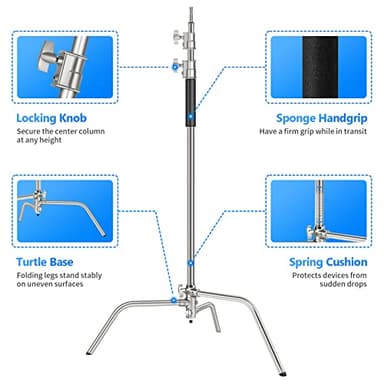 NEEWER Pro 100% Stainless Steel Heavy Duty C Stand with Boom Arm, Max Height 10.5ft/320cm Photography Light Stand with 4.2ft/128cm Holding Arm, 2 Grip Head for Studio Monolight, Softbox, Reflector - Image 7