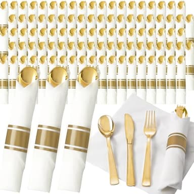 Joyido 200Guests Pre Rolled Gold Plastic Silverware Sets - Heavy Duty Gold Cutlery - Include 200 Pack Wrapped Disposable Utensils with Napkins for Parties & Dinners & Weddings - Image 1