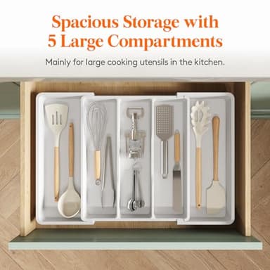 Lifewit Utensil Organizer for Kitchen Drawers, Expandable from 13‘’ to 22.4'', 15'' Depth, Plastic Cutlery Silverware Flatware Holder, Spatula Tools and Gadgets Storage, Large, White - Image 4