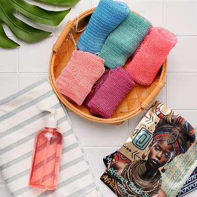 AFRIKI African Net Sponge, Authentic African Exfoliating Sponge, Black Owned, Back Scrubber, 45inch Long, for Normal to Sensitive Skin, for Daily use, Sky Collection (Camelia) - Image 4