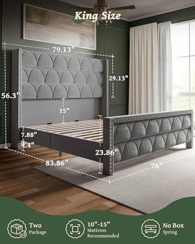 OHOHOLIVE King Size Bed Frame with 56" Headboard - 1000LBS Capacity Support, Velvet Upholstered Wingback Platform Bed Frame, Noise Free, Sturdy Wooden Slat Support - Image 2