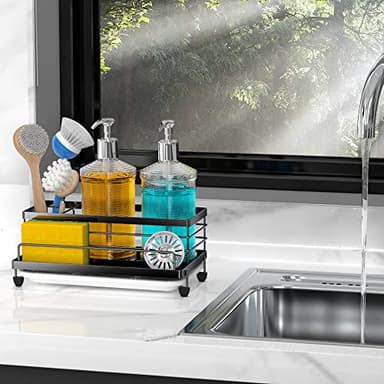 Cisily Large Black Sponge Holder for Kitchen, Sink Caddy Sink Organizer Rack for Kitchen Accessories with Drip Tray, Rustproof and Non-slip, Soap Dispenser Countertop Organizer Essentials for New Home - Image 5