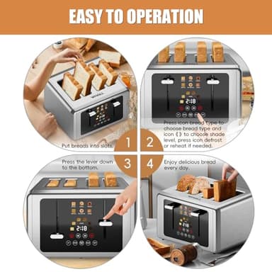 whall 4 Slice Touch Screen Toaster, Stainless Steel Toasters Digital Timer, Dual Control Panel Toasters，6 Shade Settings＆6 Bread Types, Smart Wide Slots, Bagel, Cancel, Defrost,Flat lever Stainless - Image 7