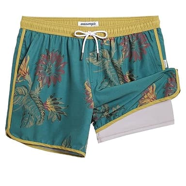 maamgic Mens Short 80s 90s Vintage 5.5" Swim Trunks Swimsuits Board Shorts Compression Liner Quick Dry 2 in 1 Bathing Suits Vintage Floral Green Yellow X-Large - Image 1